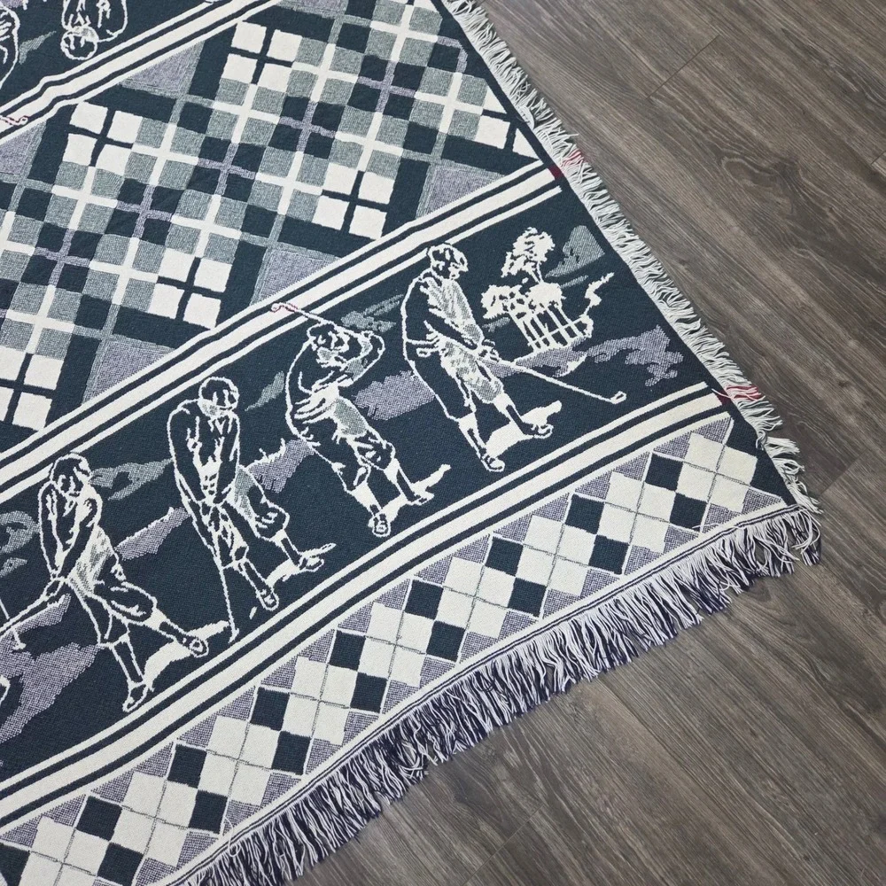 Vintage Golf Tapestry Throw Blanket Argyle Woven‎ Fringe Excellent Country Club
